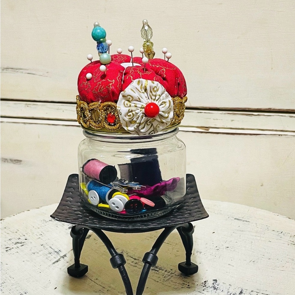 Red Pincushion Jar with Sewing Accessories